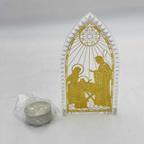 Nativity Tea Candle Display Clear Plastic Gold Manger Scene Jesus Mary Joseph