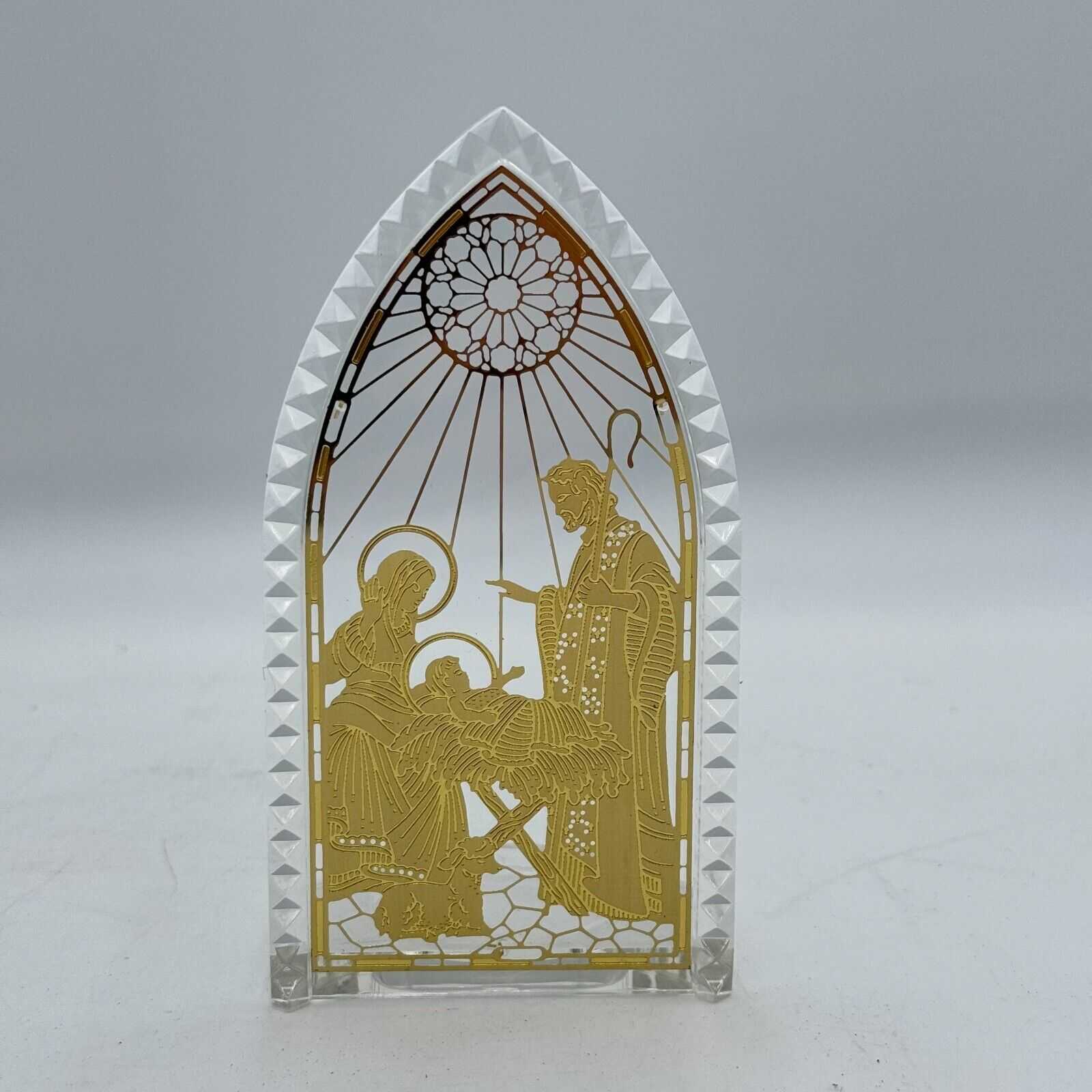 Nativity Tea Candle Display Clear Plastic Gold Manger Scene Jesus Mary Joseph