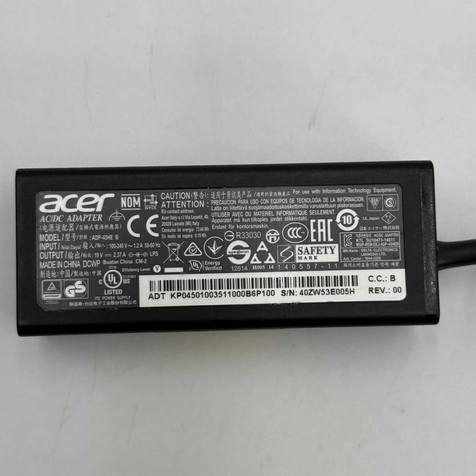 Original 45W Acer ADP-45HE B AC Power Supply Adapter Charger 19V 2.37A