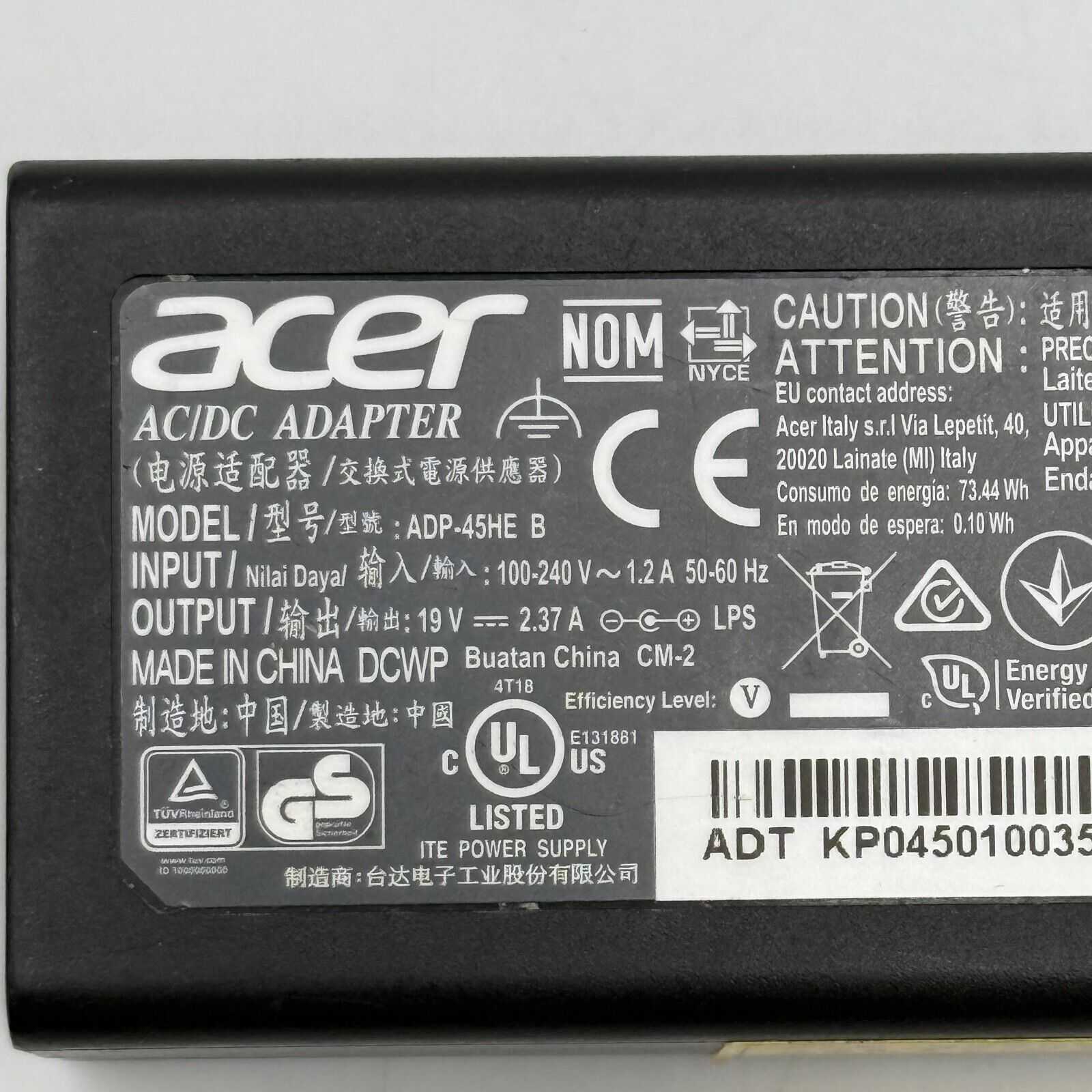 Original 45W Acer ADP-45HE B AC Power Supply Adapter Charger 19V 2.37A