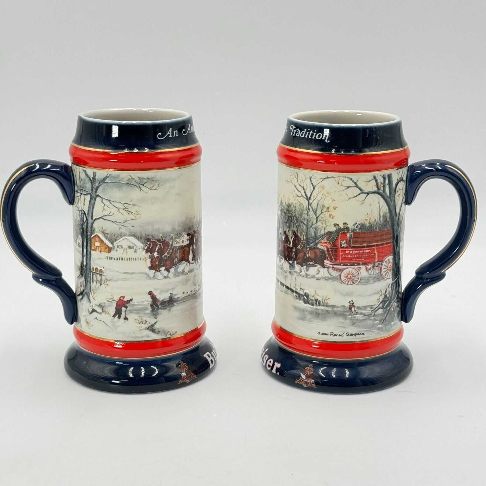 Pair Budweiser Holiday Beer Stein Mug 1990 An American Tradition Susan Sampson