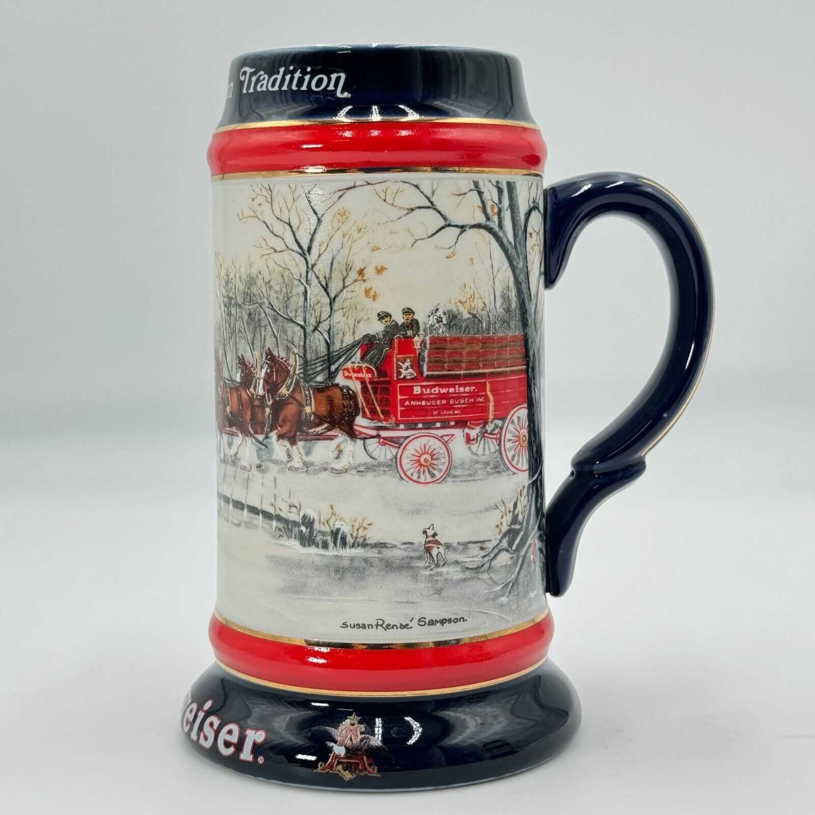 Pair Budweiser Holiday Beer Stein Mug 1990 An American Tradition Susan Sampson