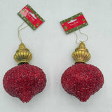 Pair of Christmas Ornaments Beaded Plastic Red & Gold Tree Trim 6in Hanging Bulb