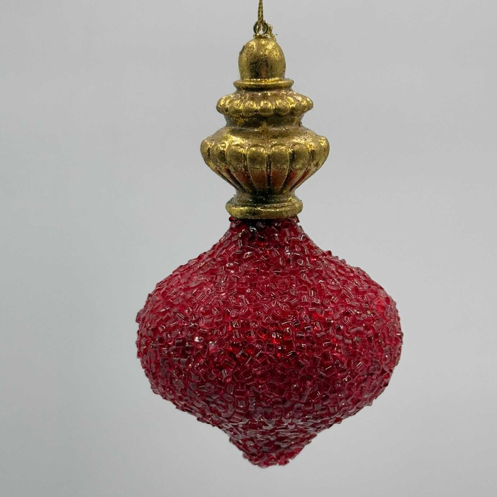 Pair of Christmas Ornaments Beaded Plastic Red & Gold Tree Trim 6in Hanging Bulb