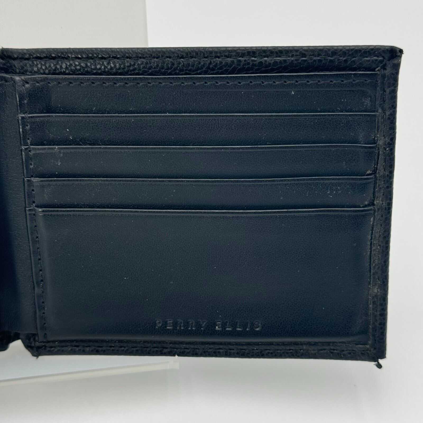 Perry Ellis Designer Fashion Black Leather Folding Wallet Removable ID View Hold