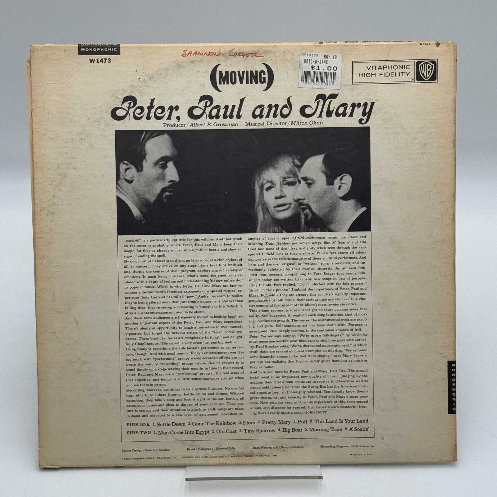 Peter Paul and Mary Moving Vinyl LP Album Warner Bros Puff The Magic Dragon 1963