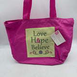 Pink Polyester Tote Bag Zippered Pouch Love Hope Believe Breast Cancer Patch NWT