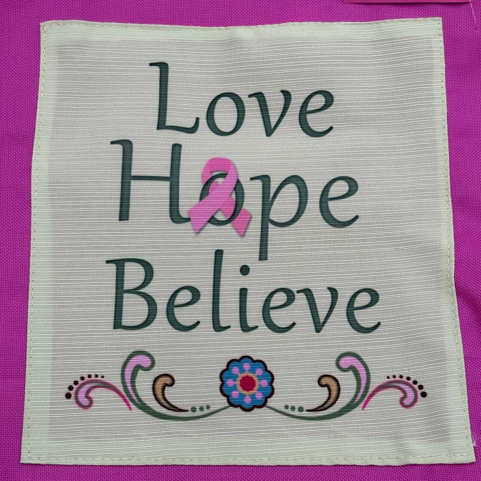 Pink Polyester Tote Bag Zippered Pouch Love Hope Believe Breast Cancer Patch NWT