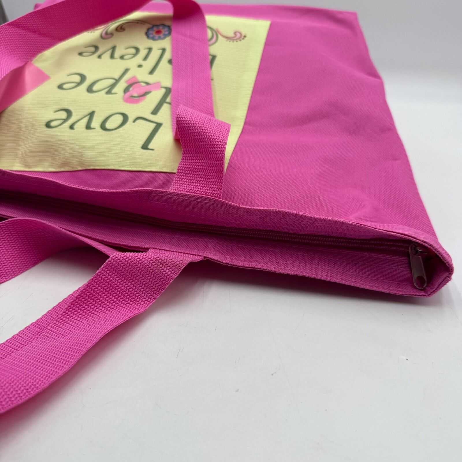 Pink Polyester Tote Bag Zippered Pouch Love Hope Believe Breast Cancer Patch NWT