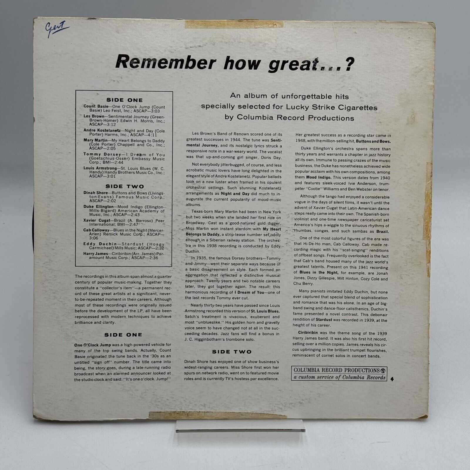 Remember How Great..? Original Recordings! Lucky Strike Collectors Vinyl LP 1961