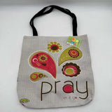 Reusuable 18x18in Woven Tote Bag Pray Let It Go Green Pink Brown Checked Art NWT