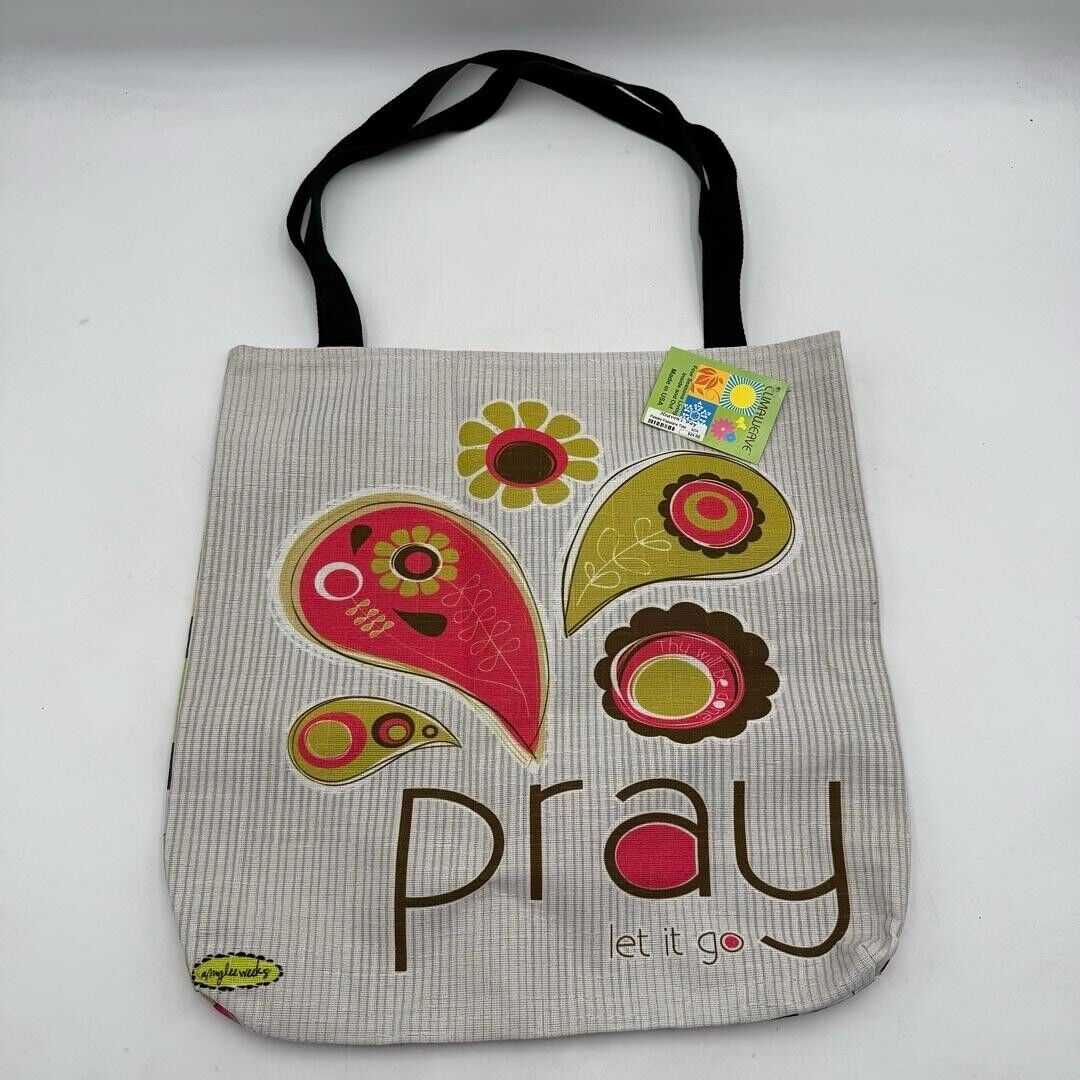 Reusuable 18x18in Woven Tote Bag Pray Let It Go Green Pink Brown Checked Art NWT