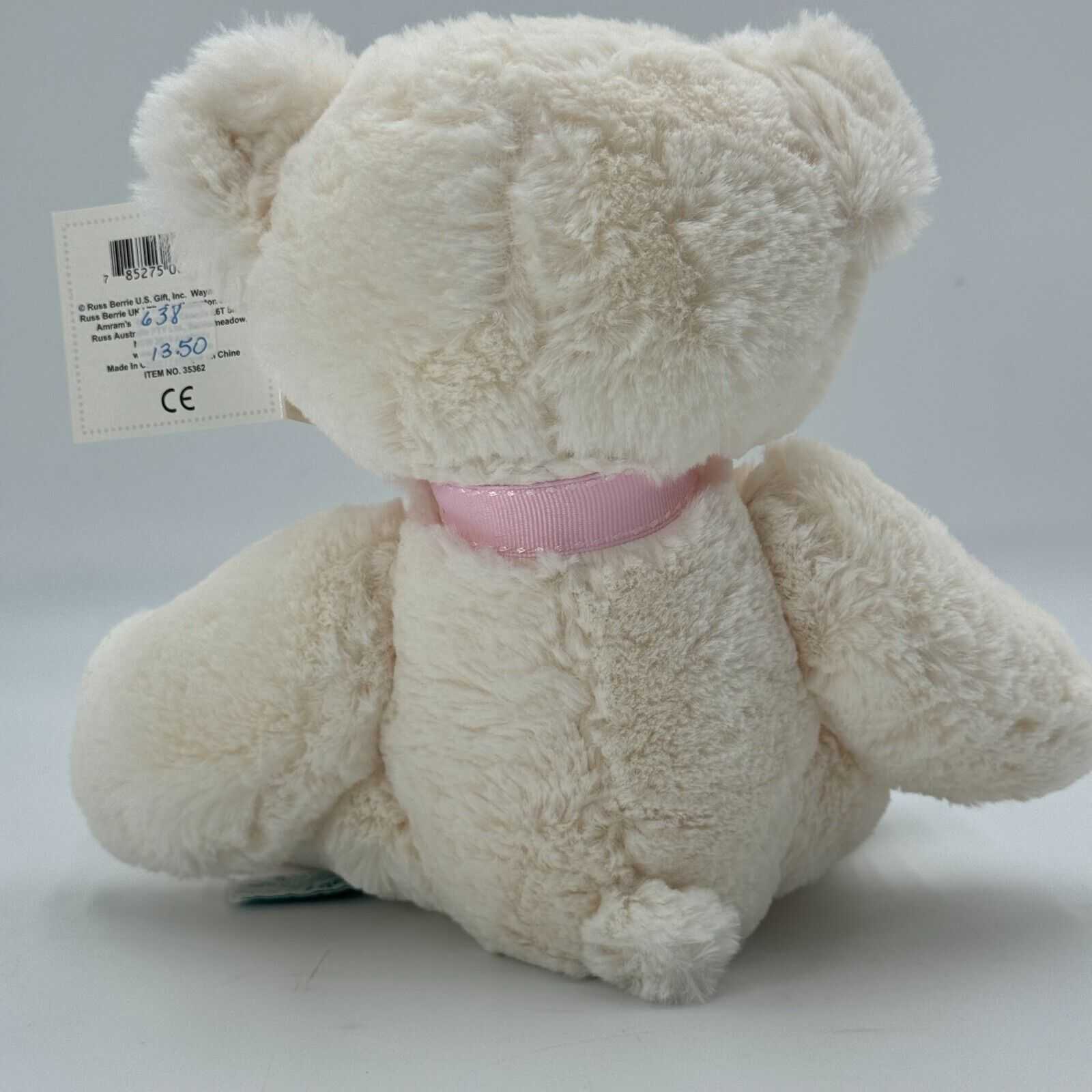 Russ Baby Lullaby Collection 8in Soft Plush Teddy Bear White Pink Bow NWT