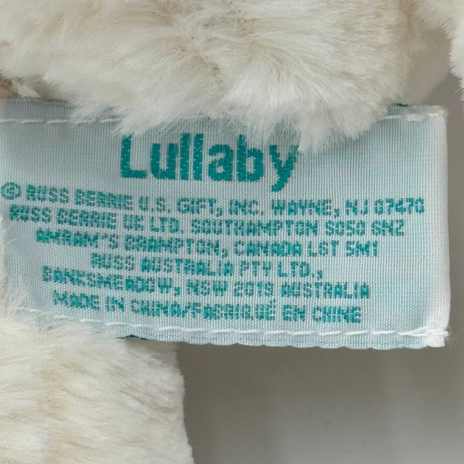 Russ Baby Lullaby Collection 8in Soft Plush Teddy Bear White Pink Bow NWT