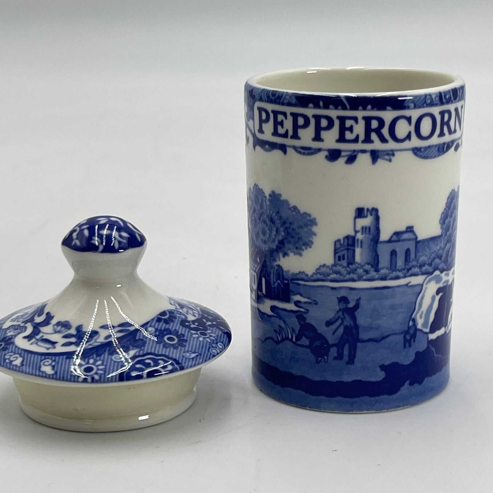 SPODE Blue & White Peppercorn Spice Jar With Covered Lid & Original Label 4.5”