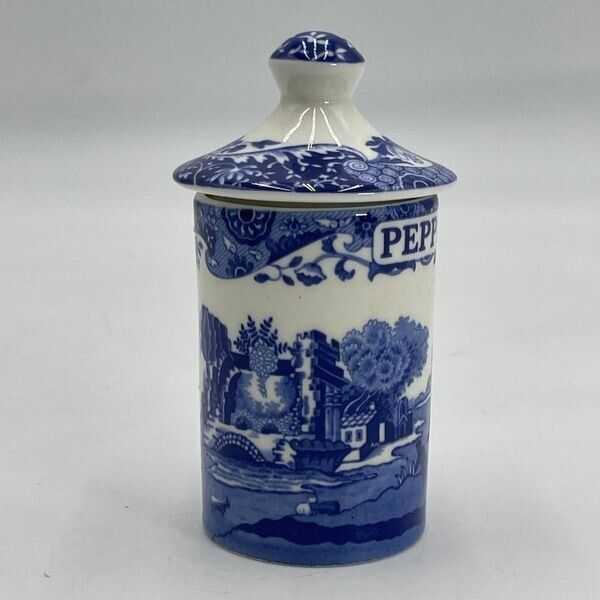 SPODE Blue & White Peppercorn Spice Jar With Covered Lid & Original Label 4.5”