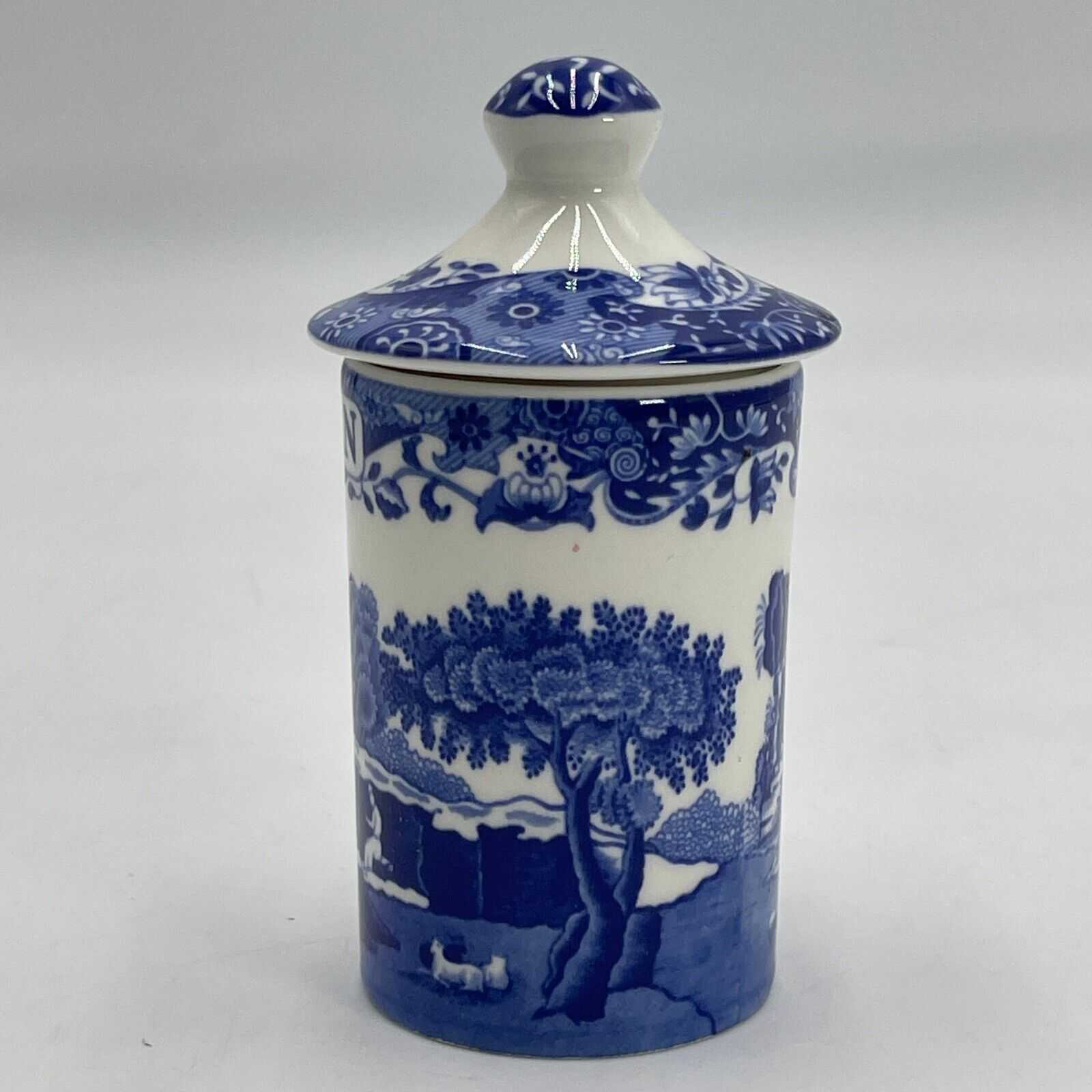 SPODE Blue & White Peppercorn Spice Jar With Covered Lid & Original Label 4.5”