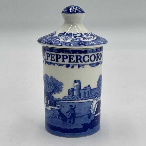 SPODE Blue & White Peppercorn Spice Jar With Covered Lid & Original Label 4.5”