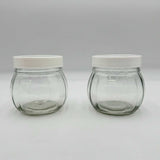 Set of 2 Round Spherical Clear Glass Jars With White Plastic Lids Stackable 4.5"