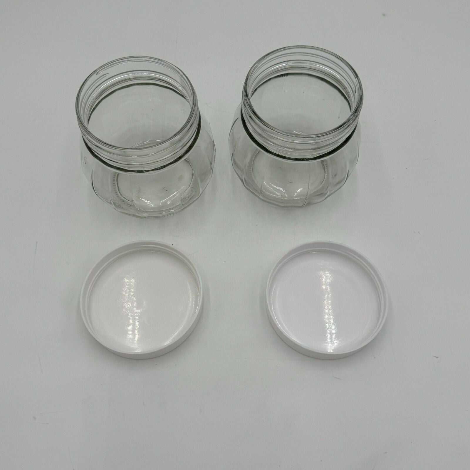 Set of 2 Round Spherical Clear Glass Jars With White Plastic Lids Stackable 4.5"