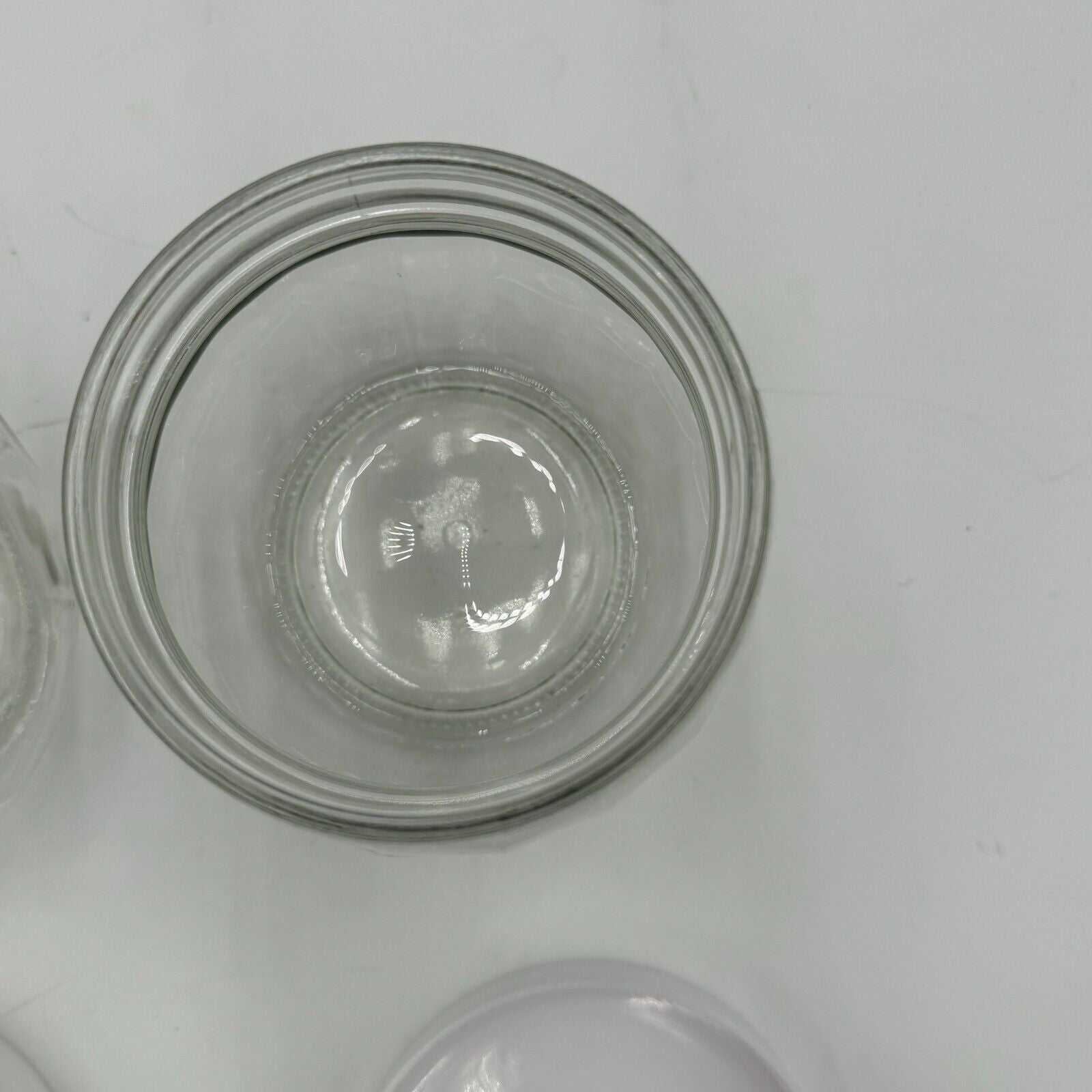 Set of 2 Round Spherical Clear Glass Jars With White Plastic Lids Stackable 4.5"