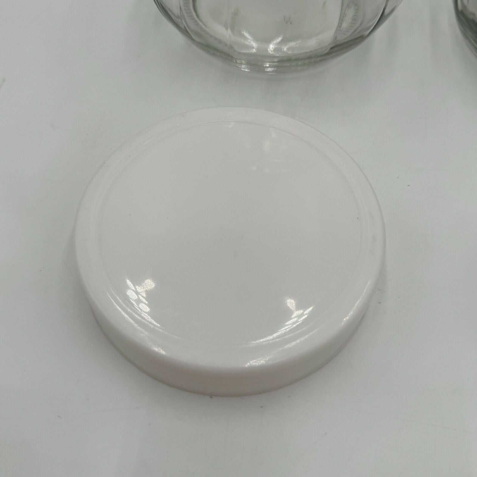 Set of 2 Round Spherical Clear Glass Jars With White Plastic Lids Stackable 4.5"