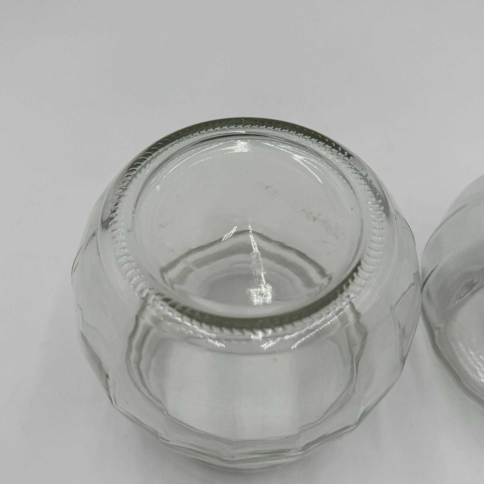 Set of 2 Round Spherical Clear Glass Jars With White Plastic Lids Stackable 4.5"