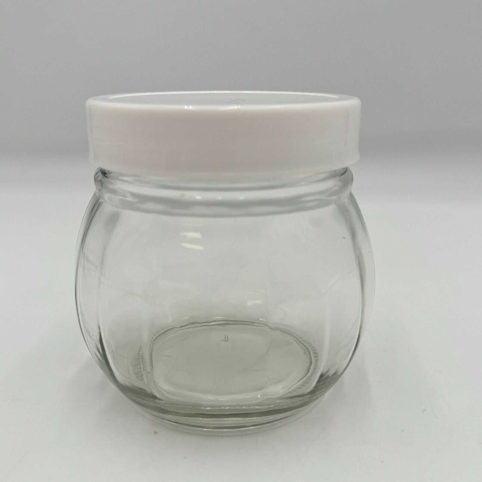 Set of 2 Round Spherical Clear Glass Jars With White Plastic Lids Stackable 4.5"