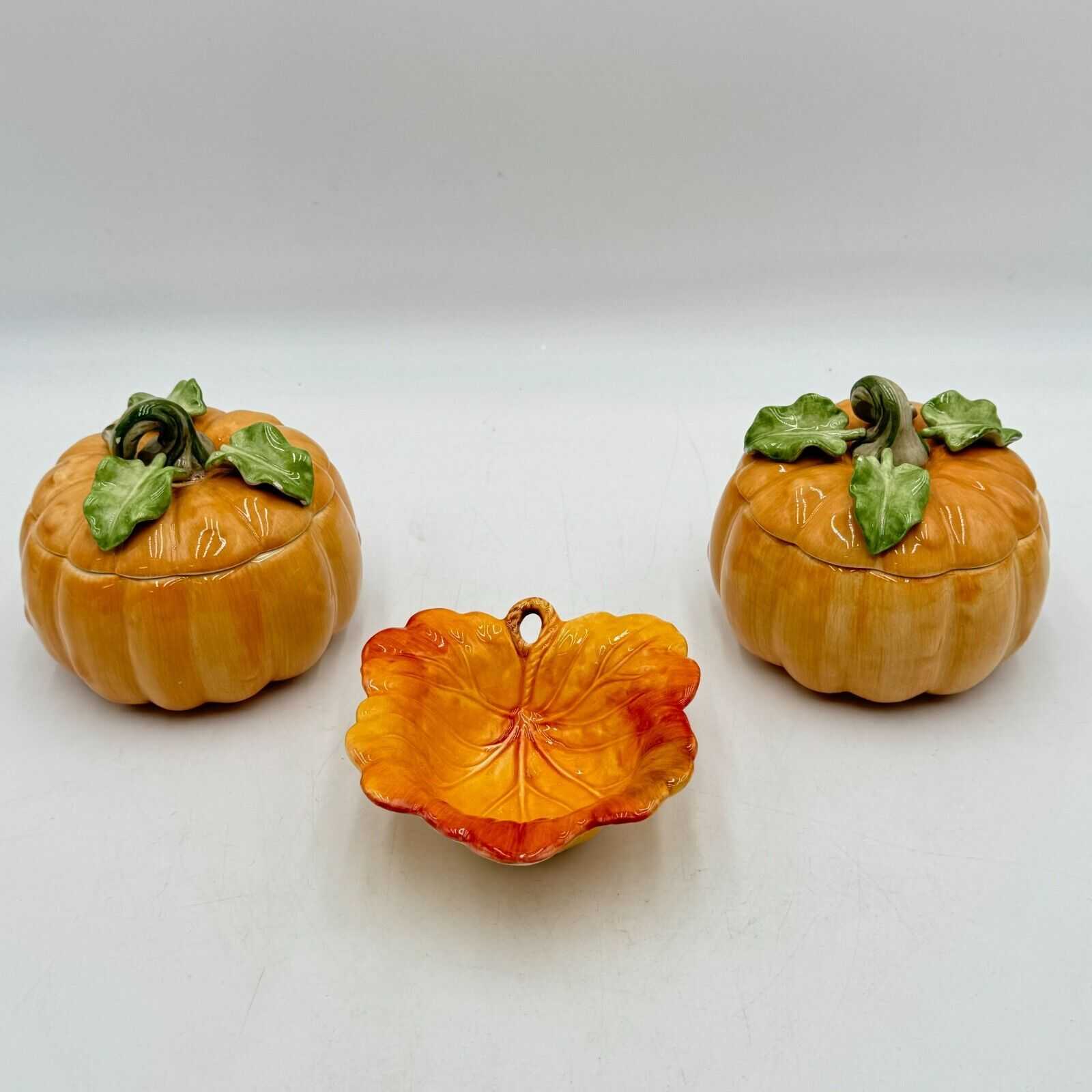 Set of 3 Fitz & Floyd Classic Fall Harvest Leaf Dish 2 Pumkin Soup Bowl Lid