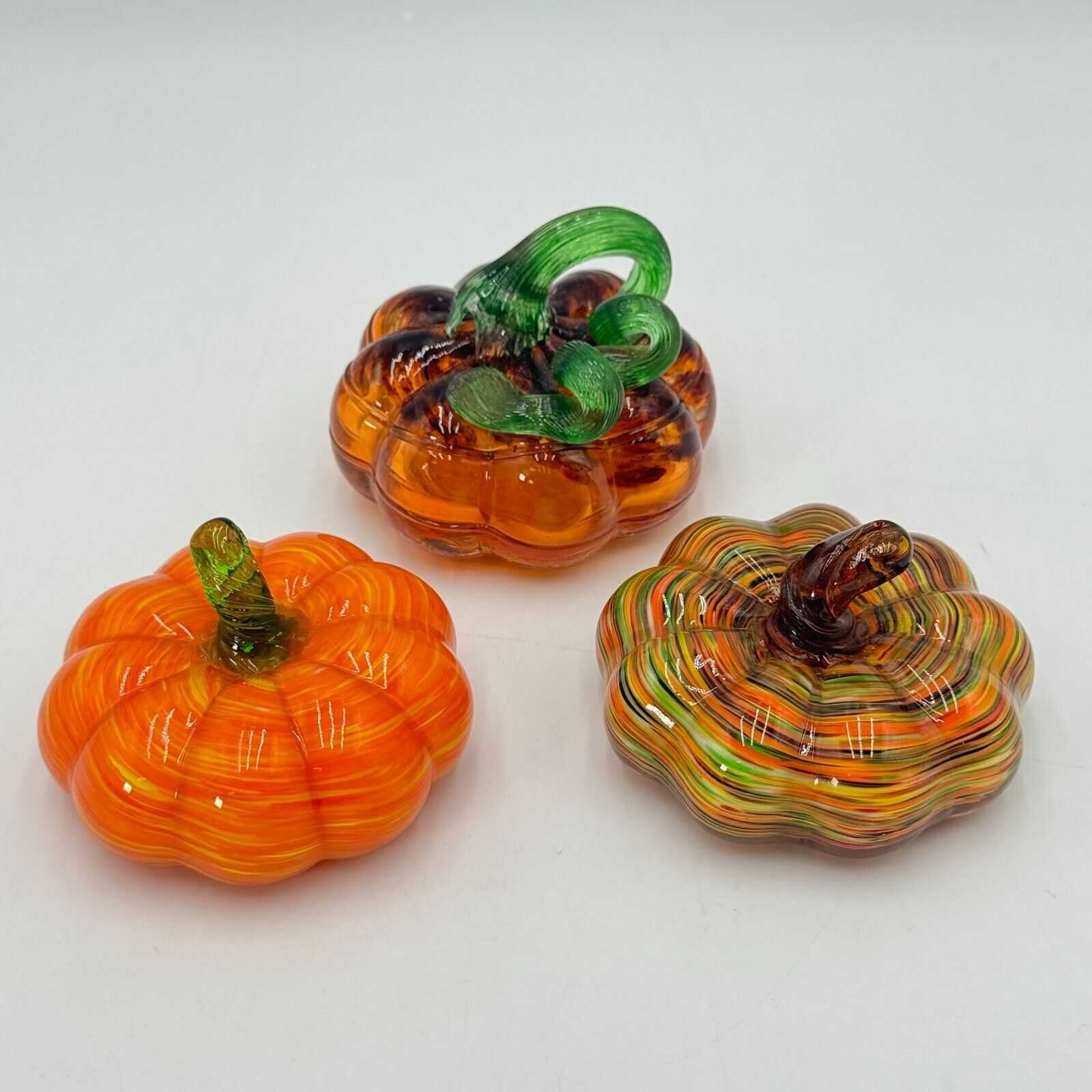 Set of 3 Hand Blown Glass Pumpkins Fall Autumn Halloween Thanksgiving Decor