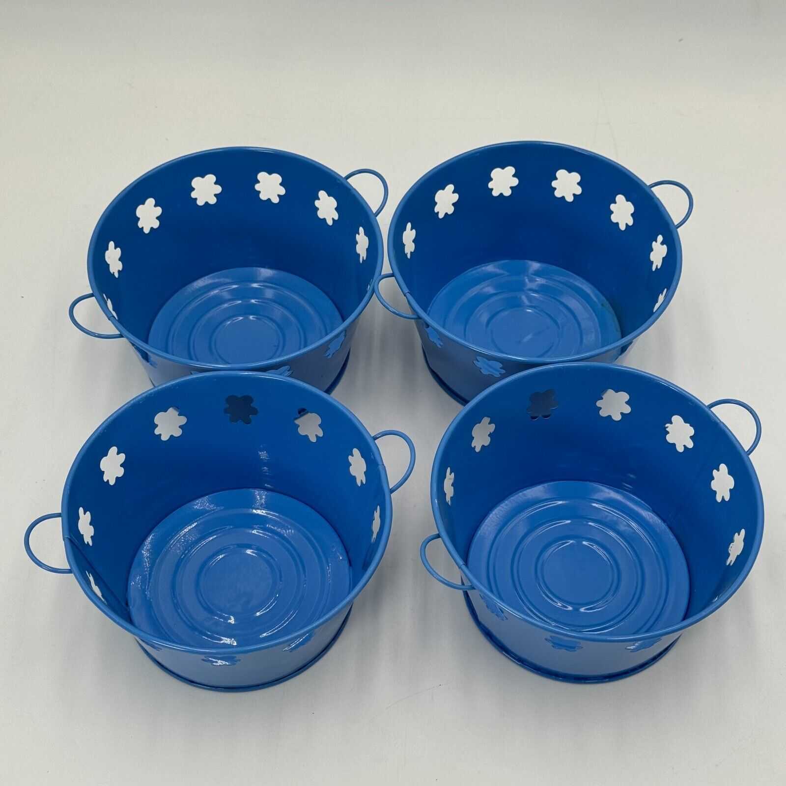 Set of 4 Matching Blue Flower Pit Tin Mini Bucket Pales with Handles 6in Diam.