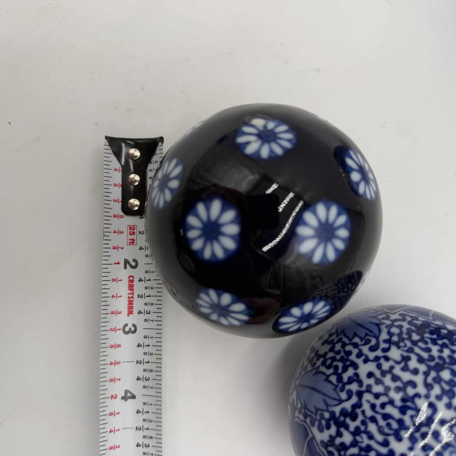 Set of 5 Antique Chinoiserie Carpet Balls Blue & White Porcelain Sphere 3 & 4in