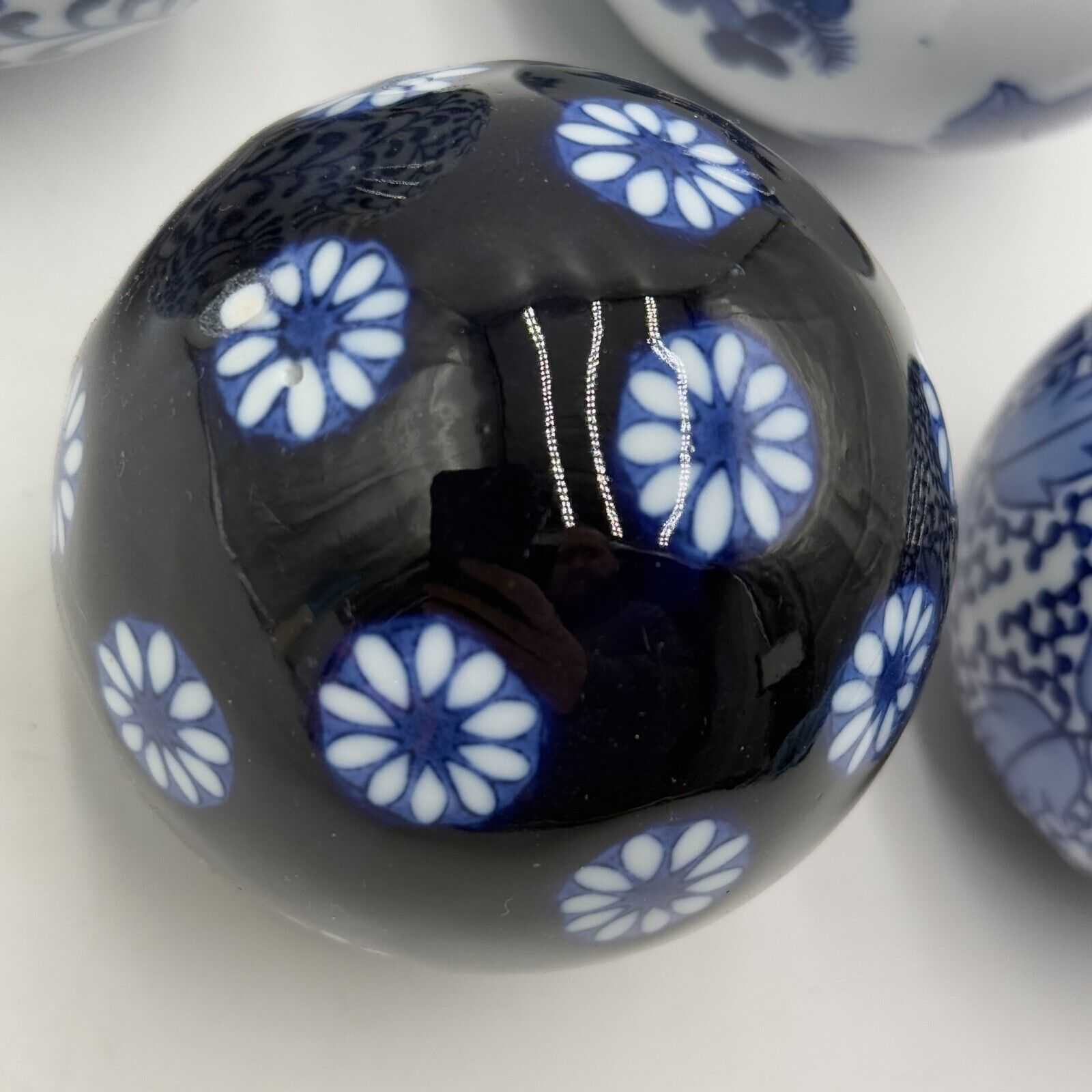 Set of 5 Antique Chinoiserie Carpet Balls Blue & White Porcelain Sphere 3 & 4in