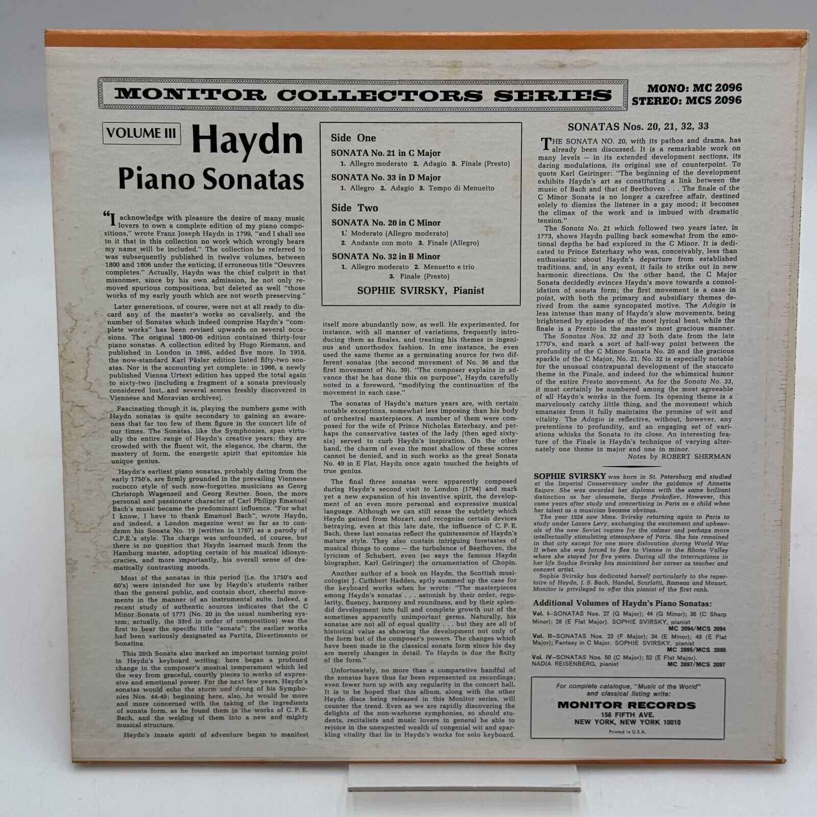 Sophie Svirsky Haydn Sonatas for Piano, Vol. 3 - Vinyl LP Record - Collector