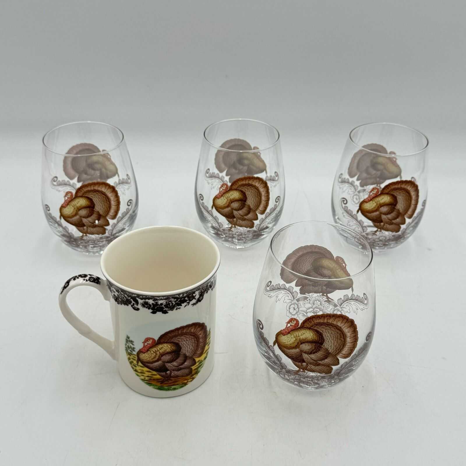 Spode Set of 5 Thanksgiving Turkey Woodland Drinkware Coffee Mug & 4 Glass Cups