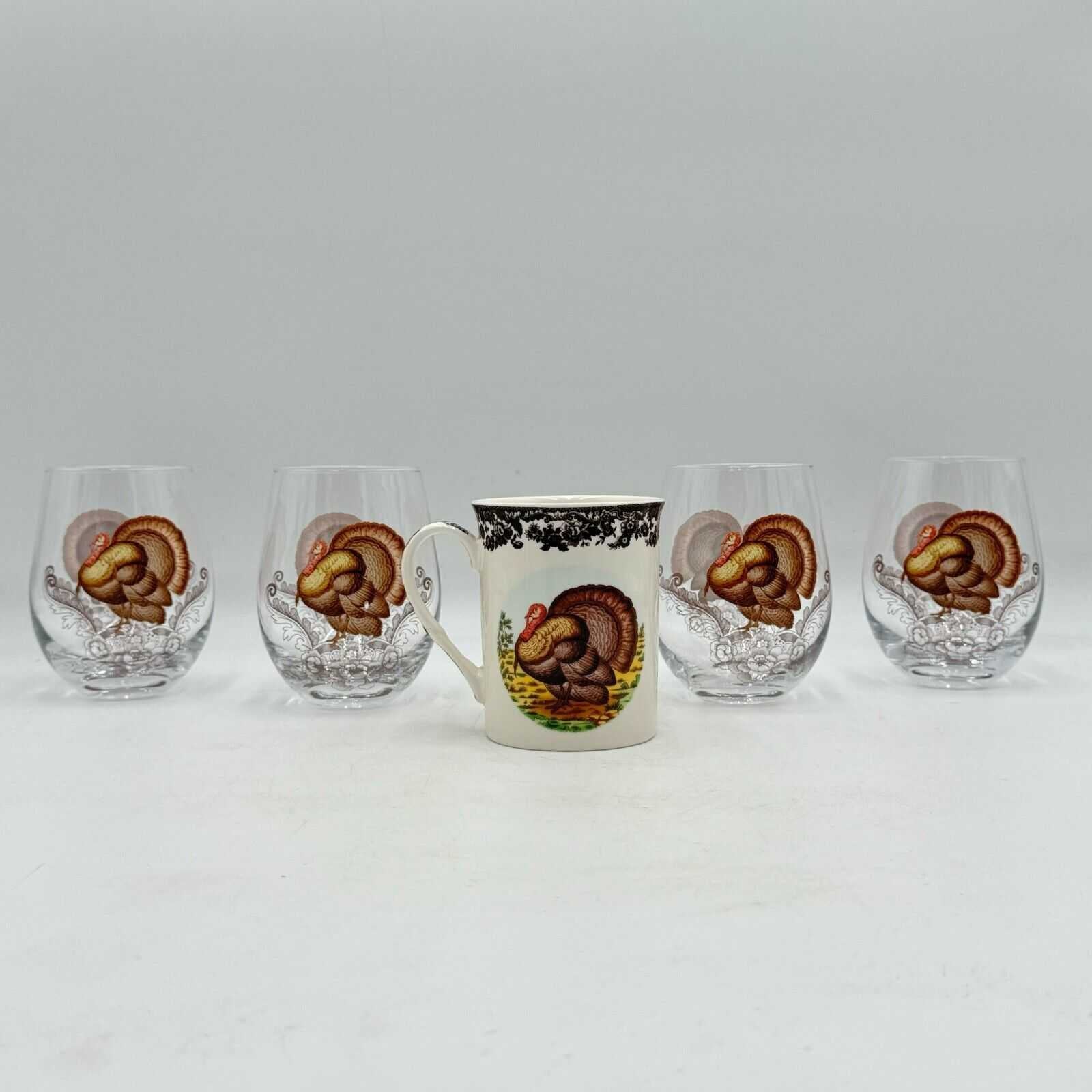 Spode Set of 5 Thanksgiving Turkey Woodland Drinkware Coffee Mug & 4 Glass Cups