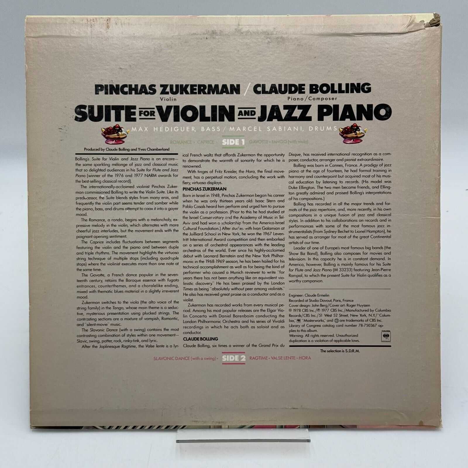 Suite for Violin & Jazz Piano Zukerman Bolling Vinyl Record Album LP 1978