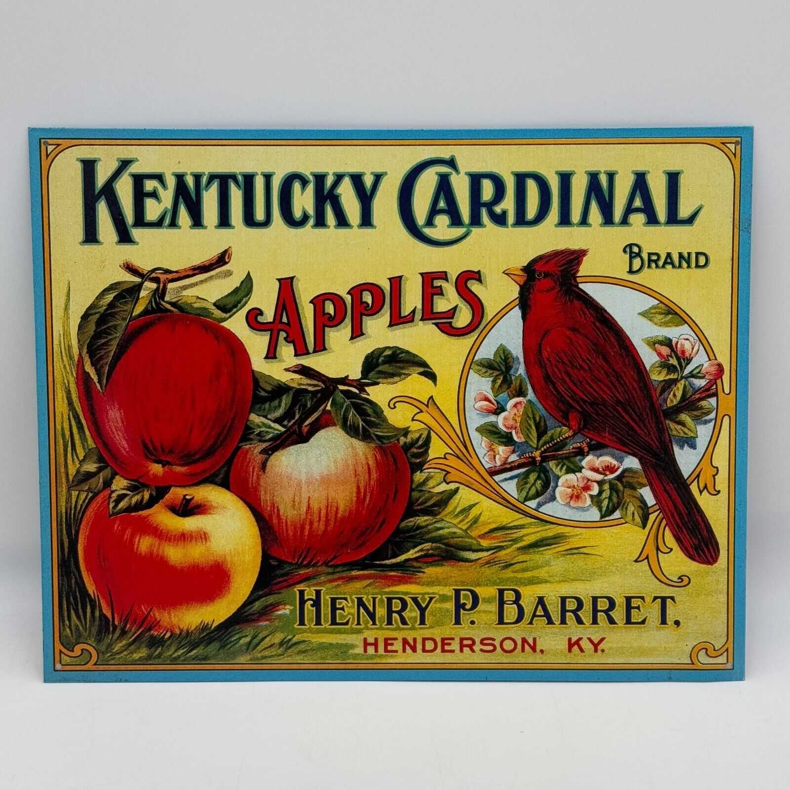 Tin Metal Retro Sign Kentucky Cardinal Brand Apples Henry P Barret 12x16"