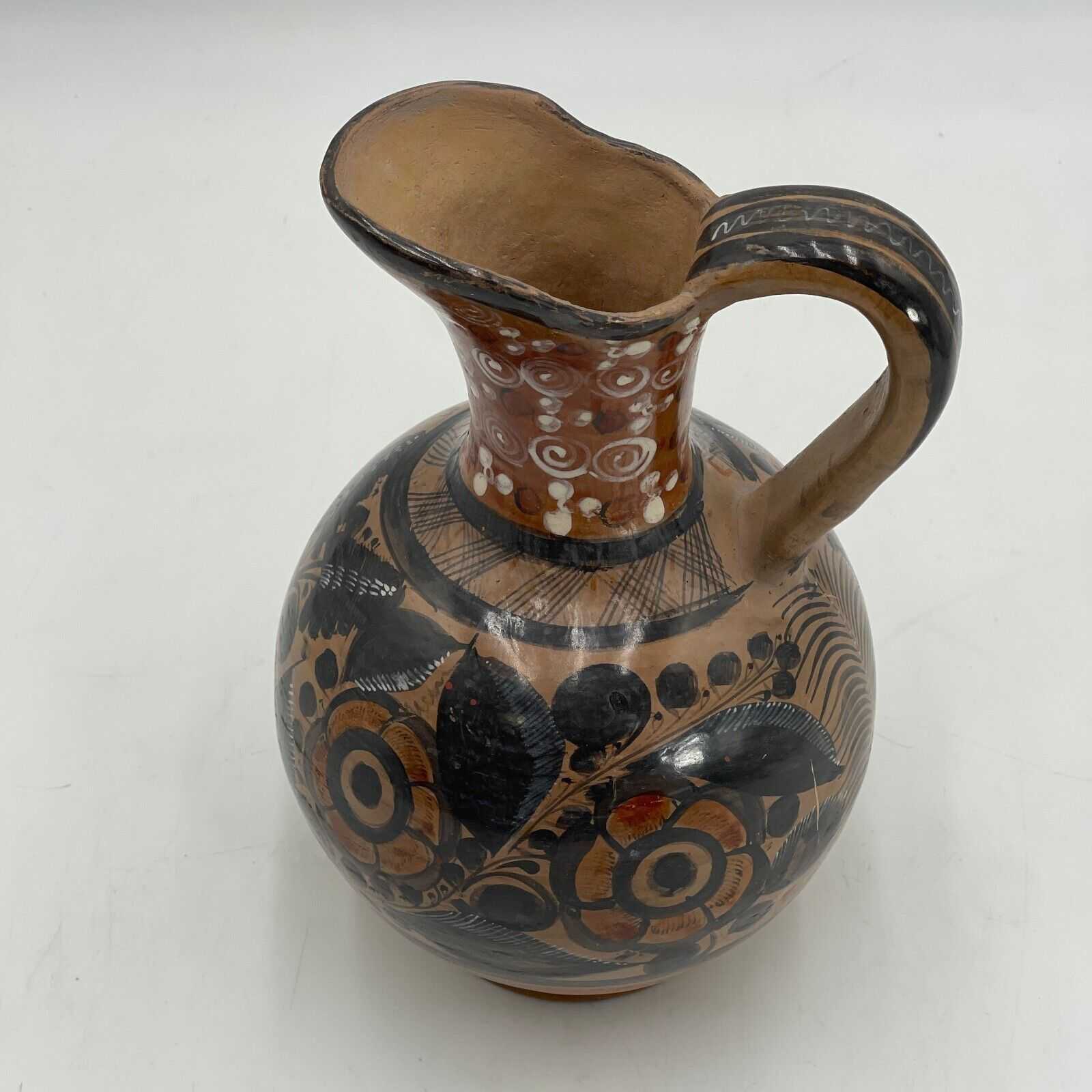 Tonala Handmade Clay Pottery Pitcher Vintage Mexico 10" Tall Antique