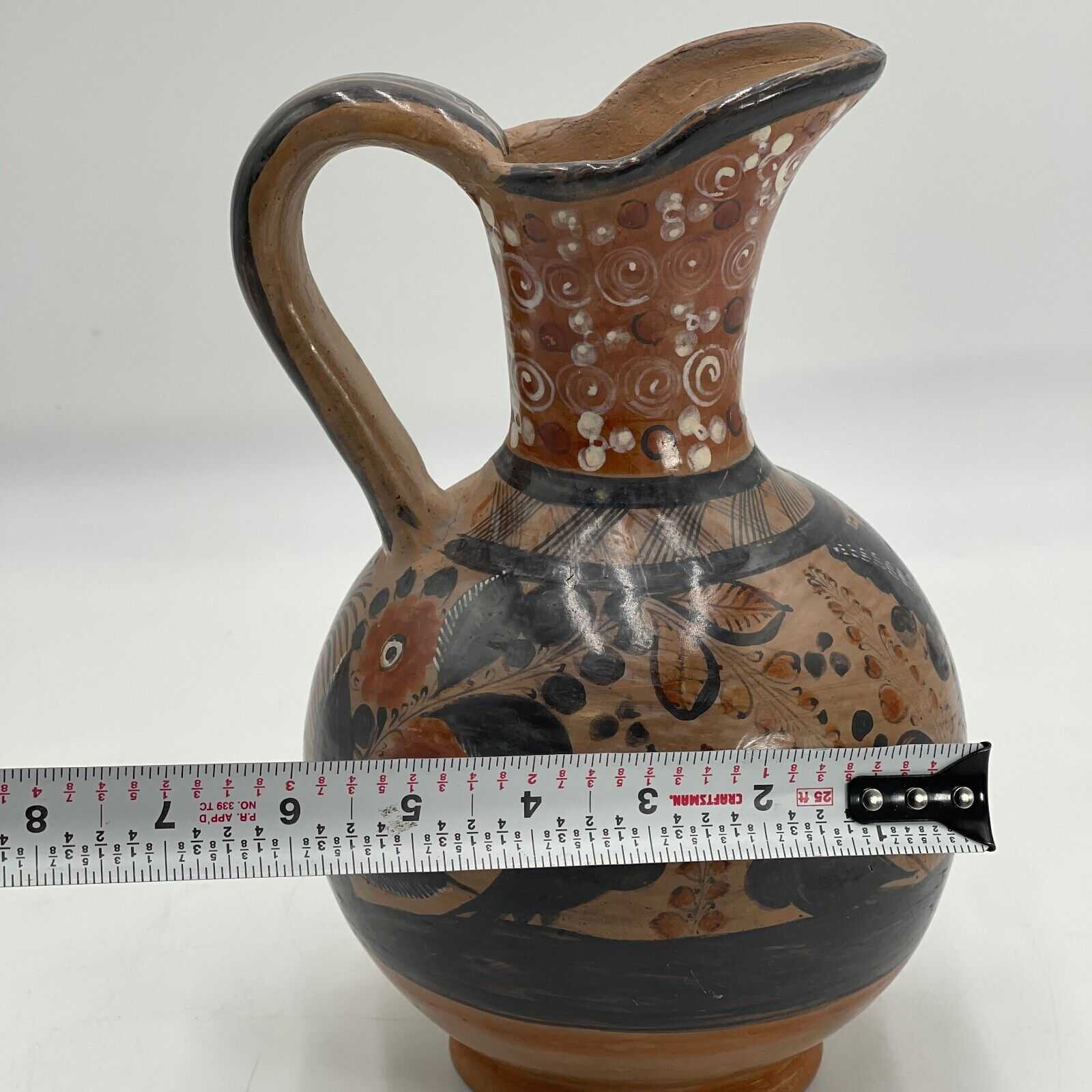 Tonala Handmade Clay Pottery Pitcher Vintage Mexico 10" Tall Antique