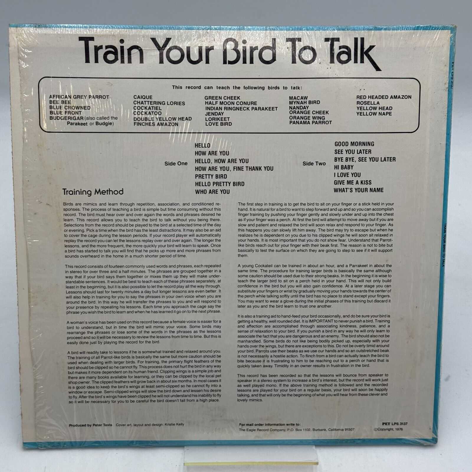 Train Your Bird to Talk 14 Lessons Plus Training Method Vinyl LP, 1976 PET 3137