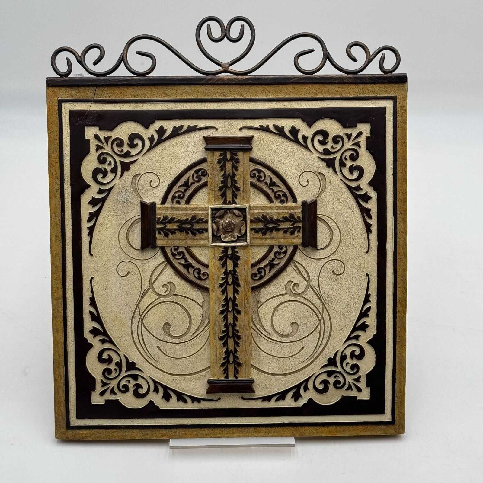 Tuscan Wall Plaque Rome 11x11 Stone Tile Cross Catholic Christian Decor Metal