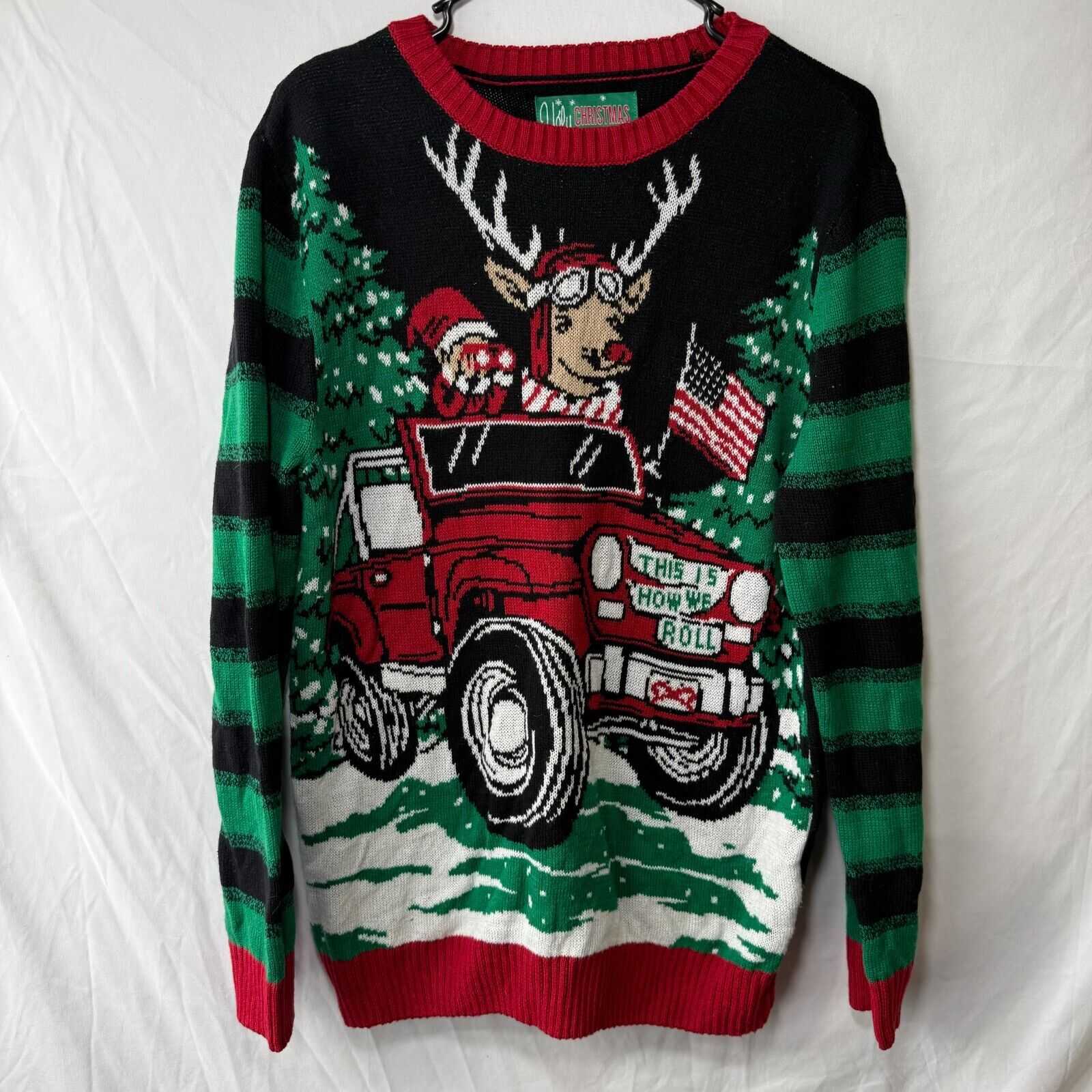 Ugly Christmas Sweater Company Green Red Reindeer Jeep Elf Snow Men’s Size Large