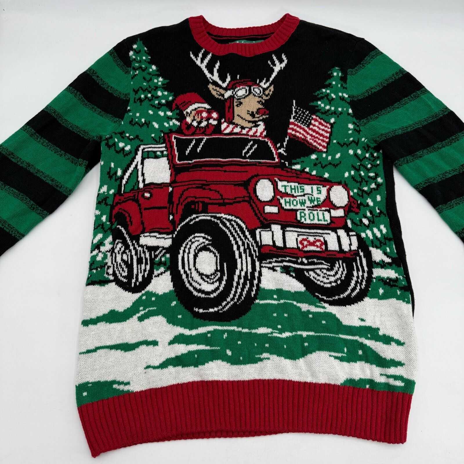 Ugly Christmas Sweater Company Green Red Reindeer Jeep Elf Snow Men’s Size Large