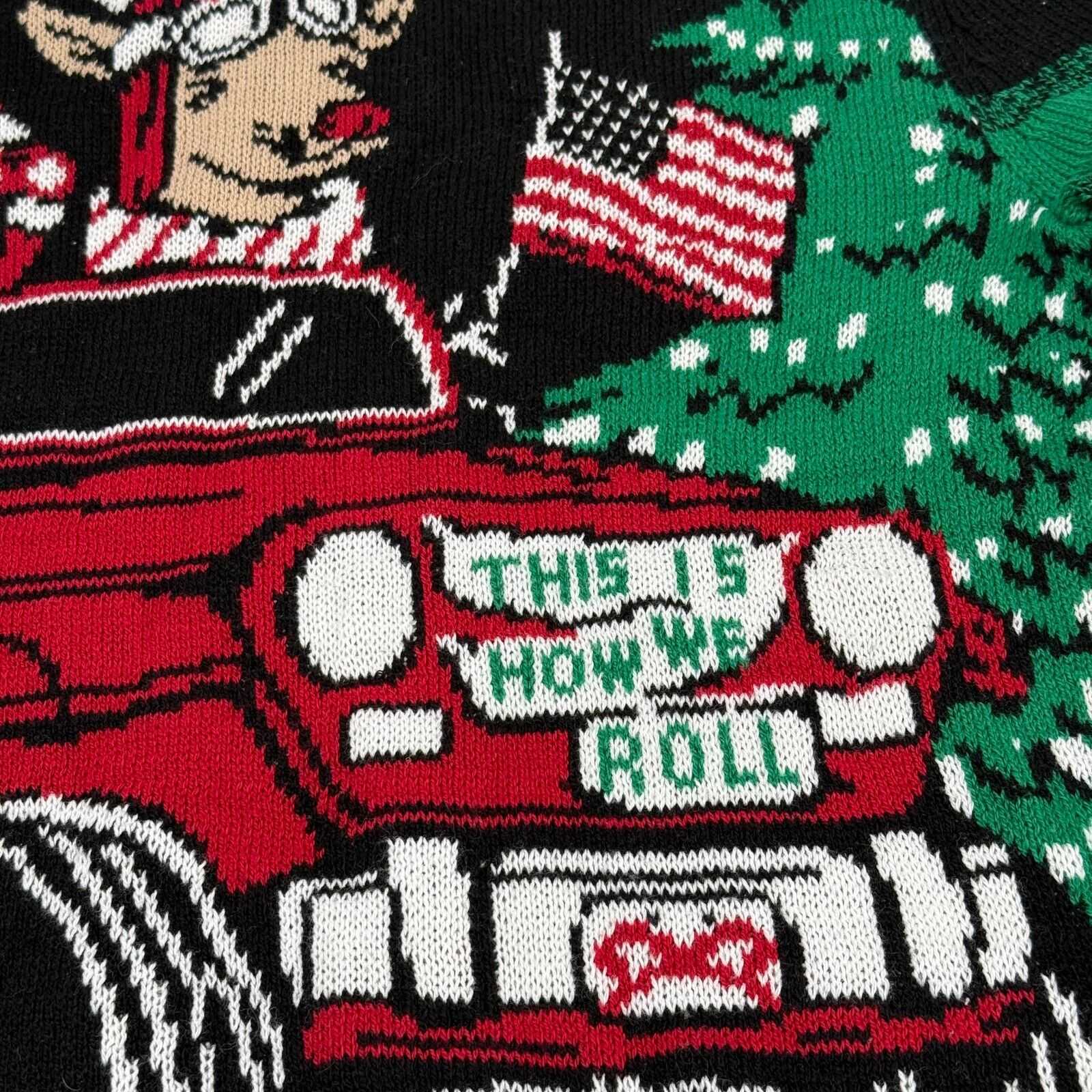 Ugly Christmas Sweater Company Green Red Reindeer Jeep Elf Snow Men’s Size Large