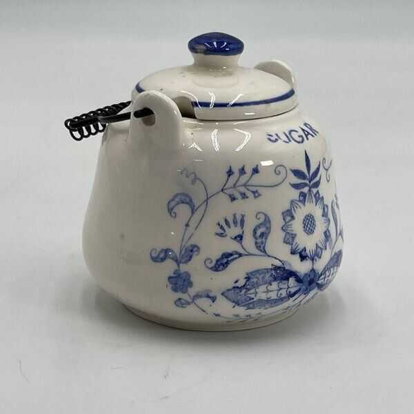 Vintage 1950's Delft Blue Teapot 3" Sugar 2 Piece Metal Handles Japan