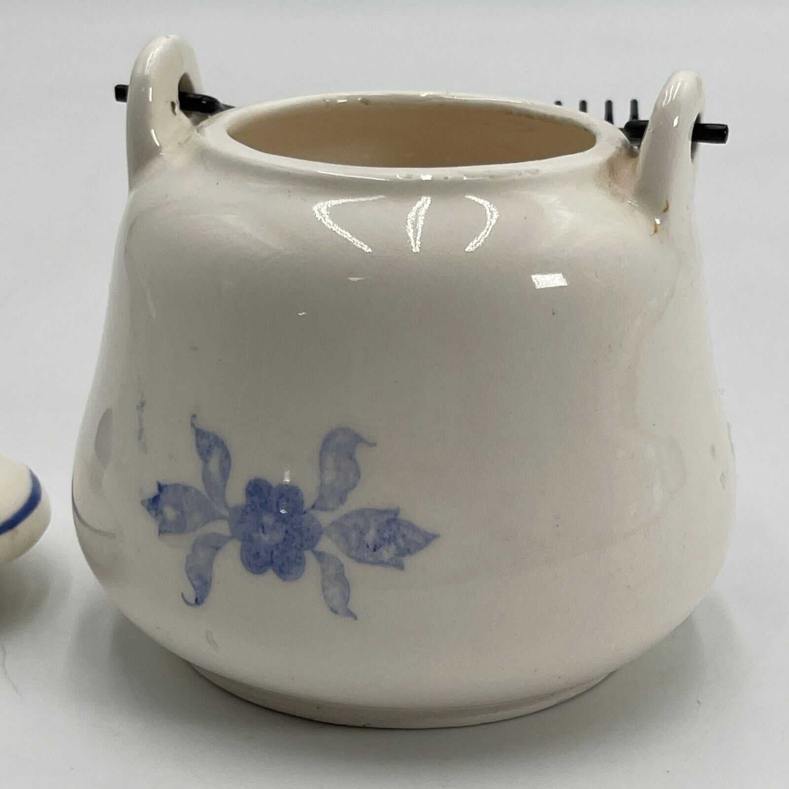 Vintage 1950's Delft Blue Teapot 3" Sugar 2 Piece Metal Handles Japan