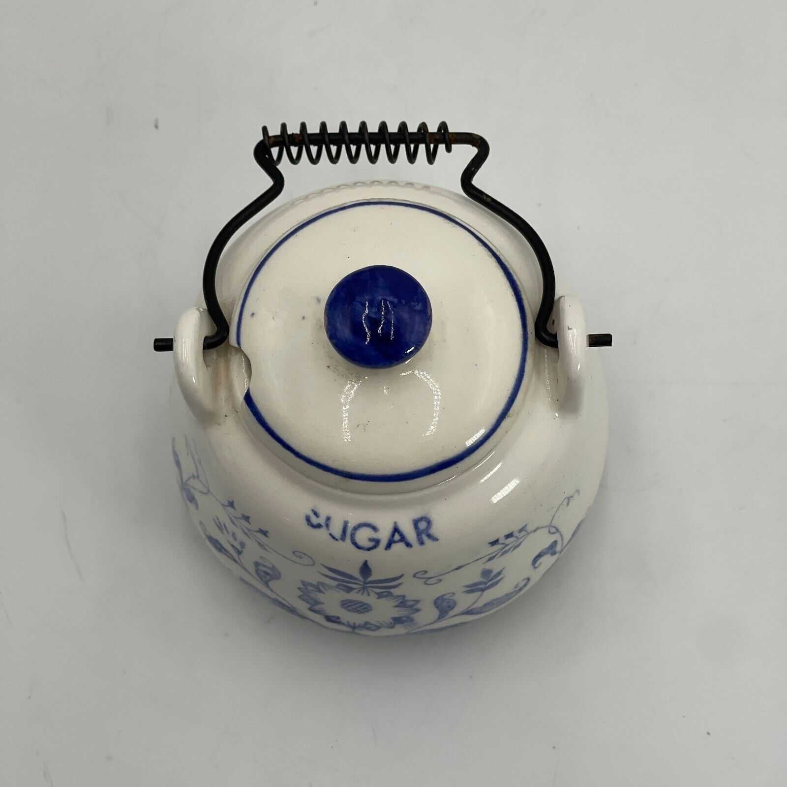 Vintage 1950's Delft Blue Teapot 3" Sugar 2 Piece Metal Handles Japan