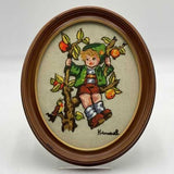 Vintage 70s Completed Crewel Embroidery Hummel Boy in Apple Tree With Bird Oval