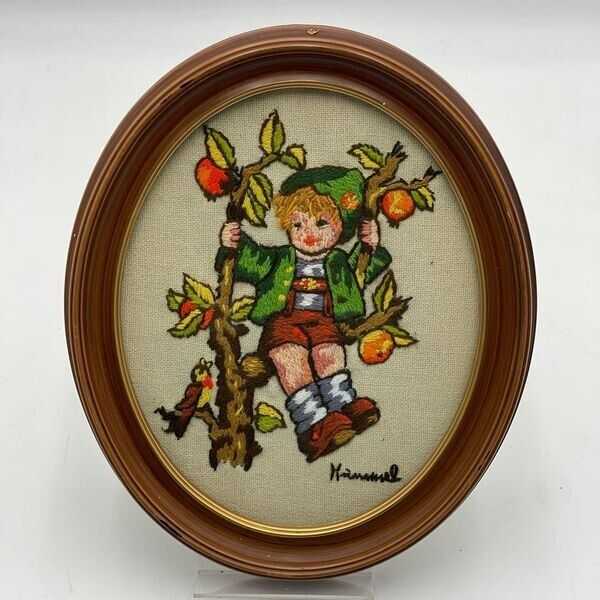 Vintage 70s Completed Crewel Embroidery Hummel Boy in Apple Tree With Bird Oval